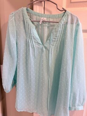 Elle Mint Swiss Dot Pintuck V-Neck Blouse